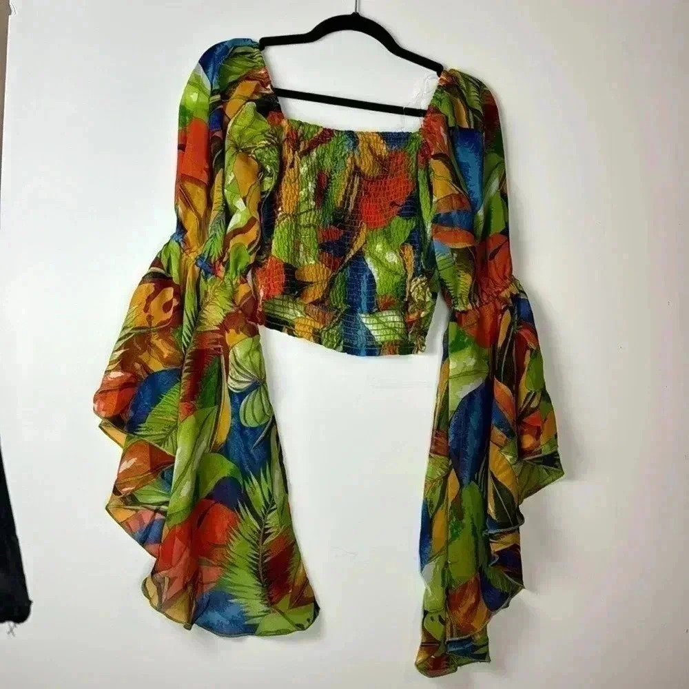 LIVE 4 TRUTH SZM tropical crop top elastic bodice flowing feminine sleeves multi - Picture 7 of 7